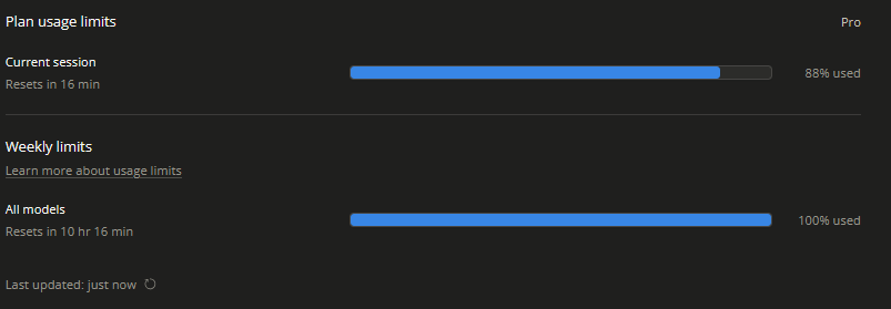 Claude Pro usage limits at 100%